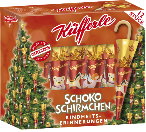 Picture of Küfferle Schokoschirmchen - Childhood Memories Chocolate Umbrella Christmas Tree Hangings 12 pieces